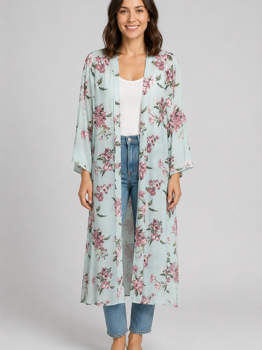 Peach Love California Long Maxi Kimono Cover-up Floral Bell Sleeve Size Small - Picture 11 of 11